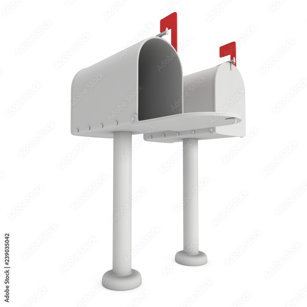 Mailbox with open door and raised flag. 3d render illustration isolated on white background. Mailbox with open door and raised flag. 3d render illustration isolated on white background.