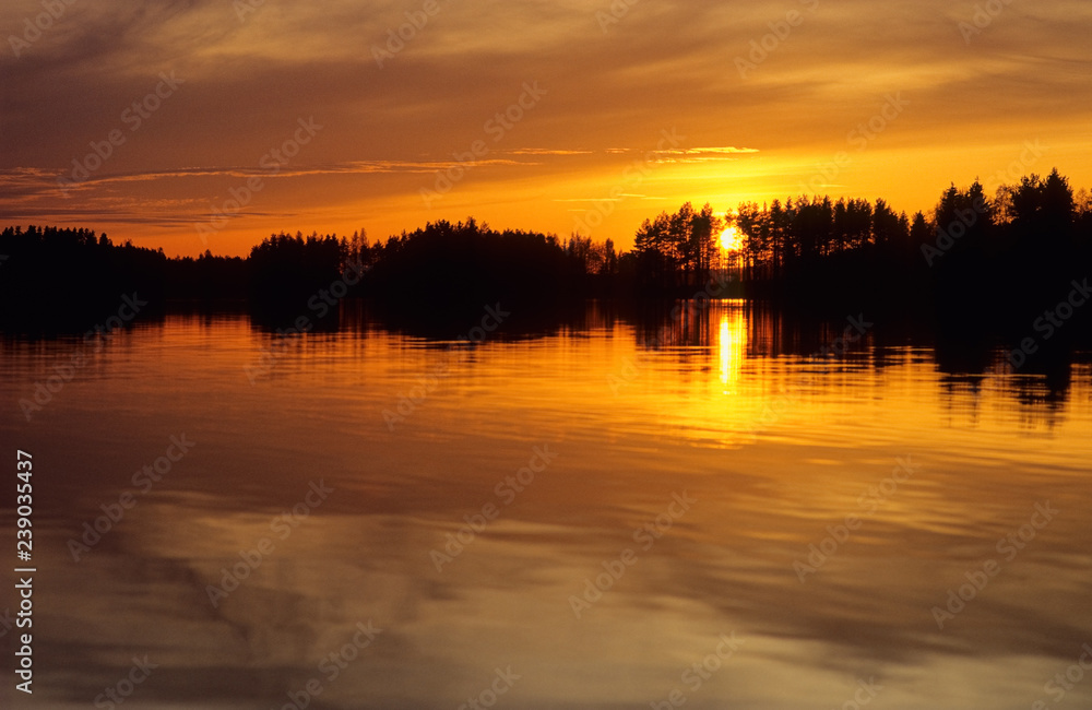 Sunset over lake in Eastern Finland