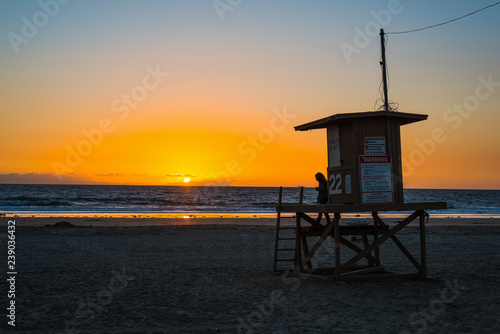 Lifeguard hut in Newport Beach at sunset