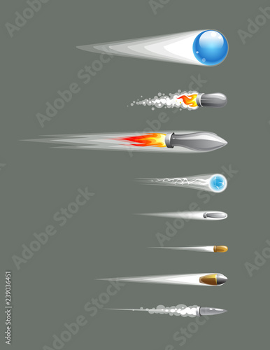 realistic comic fired flying bullets set. vector bullet set with tail. 