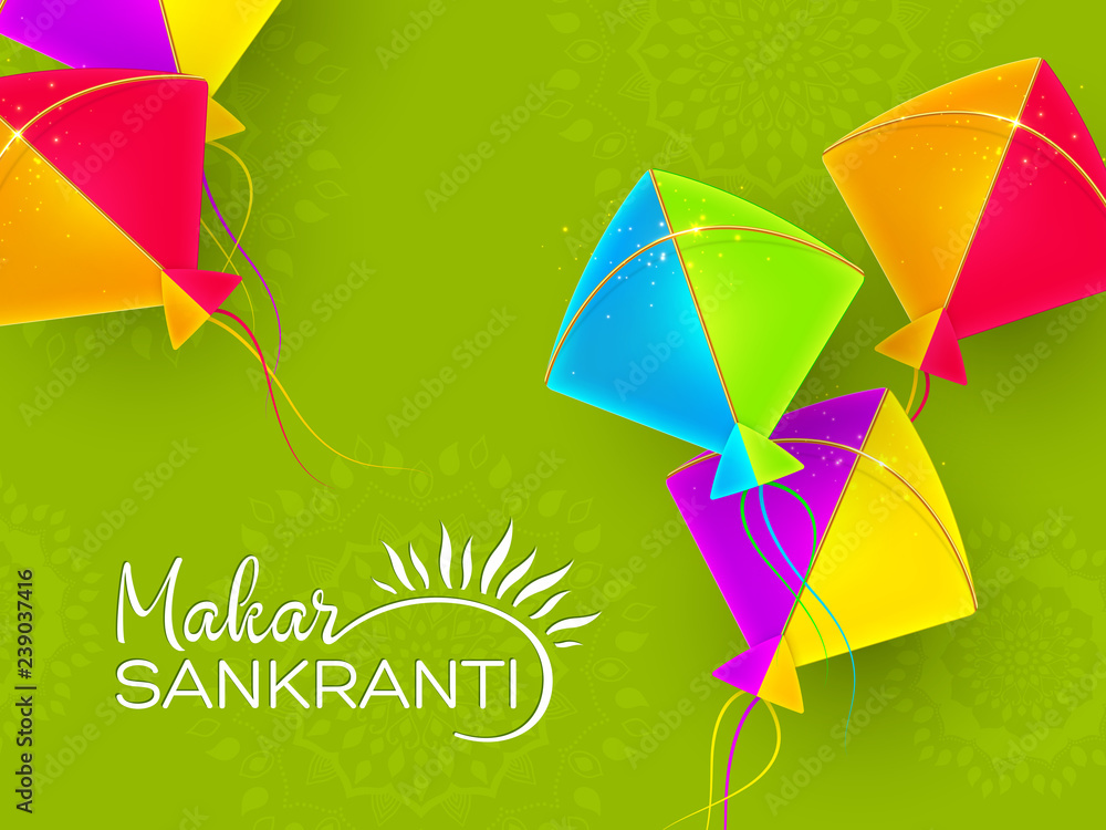 Makar Sankranti holiday design with colorful kites. Green background with  rangoli. Vector illustration. Stock Vector | Adobe Stock