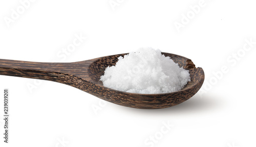 salt in wood spoon isolated on white backgrpond