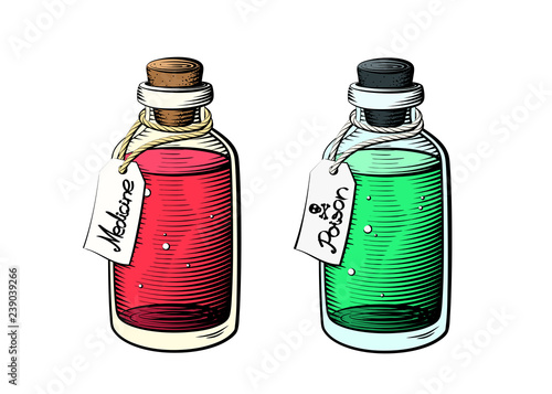 Medicine and poison glass bottles in bright colors