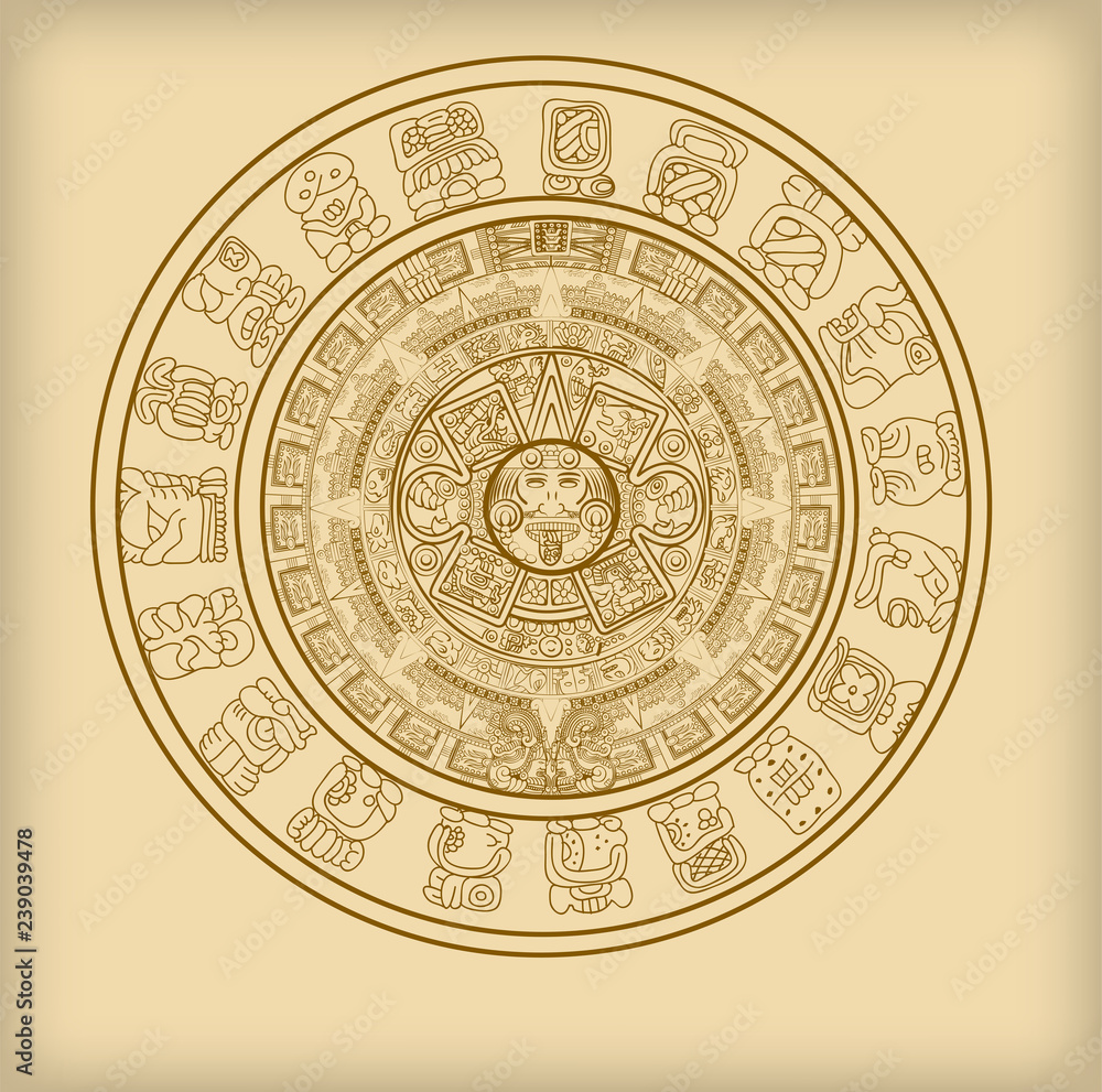 Maya calendar of Mayan or Aztec vector hieroglyph signs and symbols