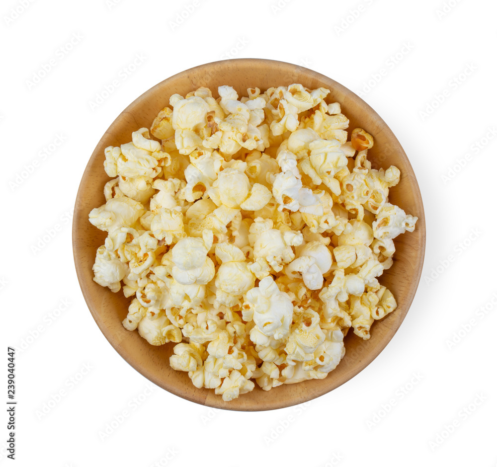 popcorn in a wood  bowl top view