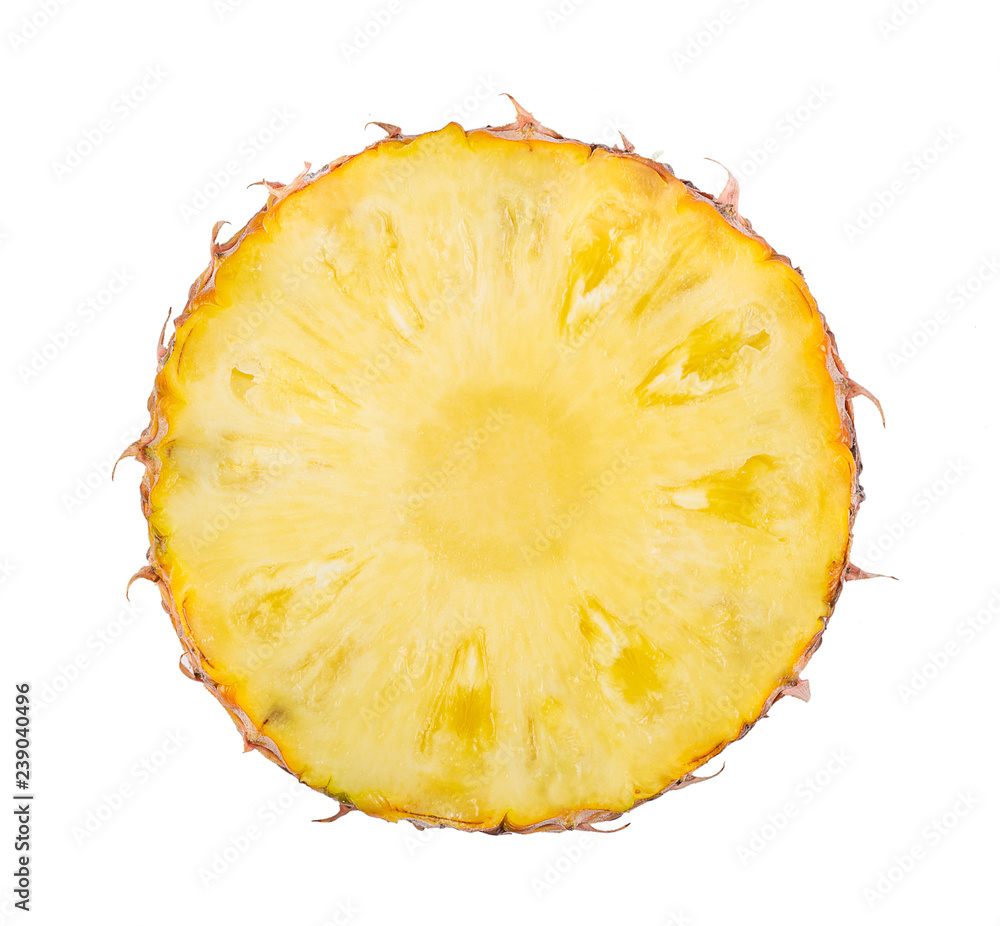 pineapple with slices isolated on white background. top view pineapple with slices isolated on white background. top view