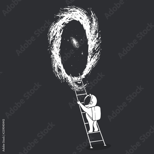 an astronaut climbs the ladder into wormhole