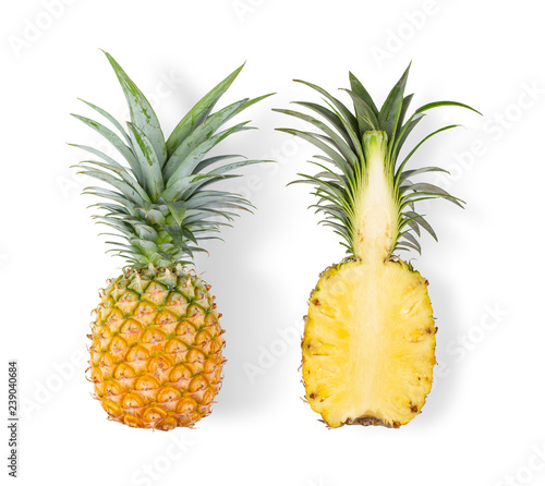 pineapple with slices isolated on white background. top view