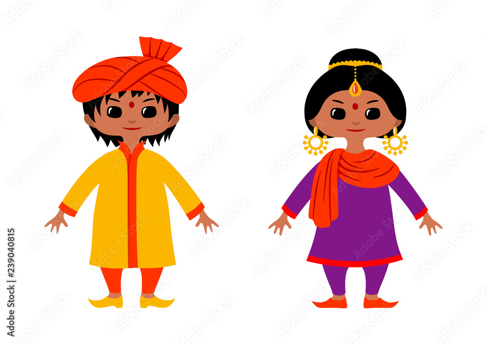 Couple of chibi style characters wearing traditional Indian and Pakistan costumes Couple of chibi style characters wearing traditional Indian and Pakistan costumes