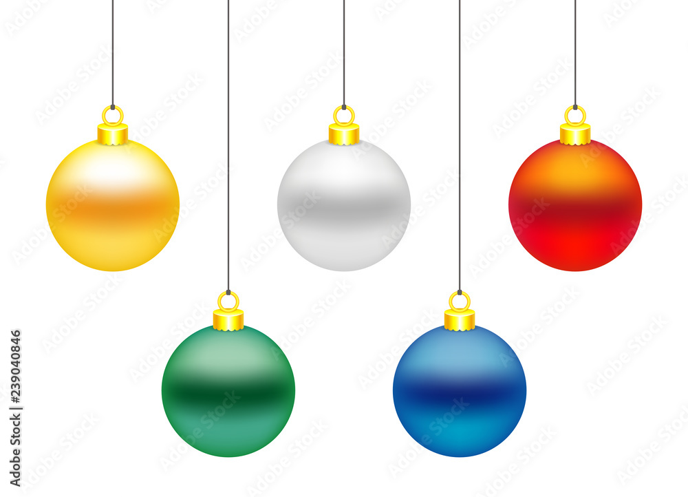 Set of 5 colorful Christmas balls. Golden, white, red, green and blue. Vector illustration, isolated on white Set of 5 colorful Christmas balls. Golden, white, red, green and blue. Vector illustration, isolated on white