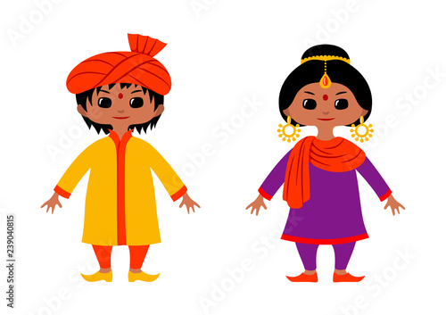 Couple of chibi style characters wearing traditional Indian and Pakistan costumes
