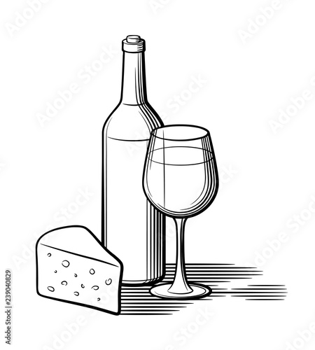 Composition of wine bottle, wineglass and piece of cheese. Retro style black and white vector illustration