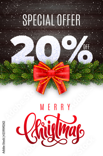 Merry Christmas lettering. Holiday sale 20 percent off. Numbers of snow on wood background with fir garland and red bow. Limited time only. Special offer