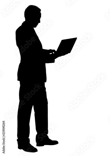 man with laptop black silhouette, vector.