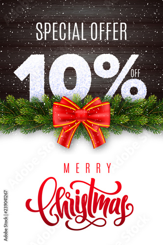 Merry Christmas lettering. Holiday sale 10 percent off. Numbers of snow on wood background with fir garland and red bow. Limited time only. Special offer