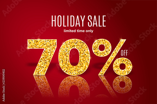 Golden holiday sale 70 percent off on red background. Limited time only. Template for a banner, poster, shopping, discount, invitation