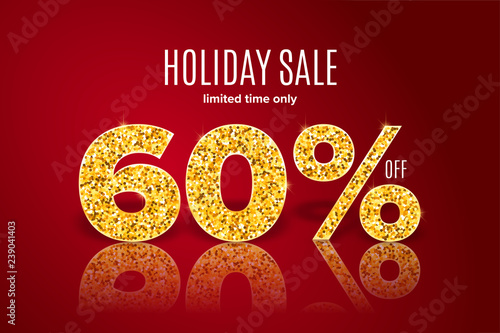 Golden holiday sale 60 percent off on red background. Limited time only. Template for a banner, poster, shopping, discount, invitation