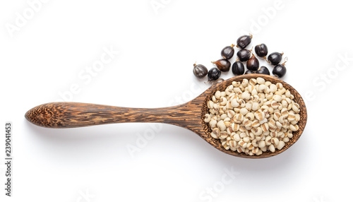 Job's tears in wood spoon isolated on white background. top view
