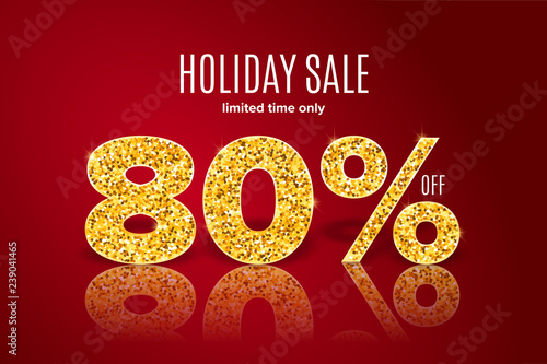 Golden holiday sale 80 percent off on red background. Limited time only. Template for a banner, poster, shopping, discount, invitation