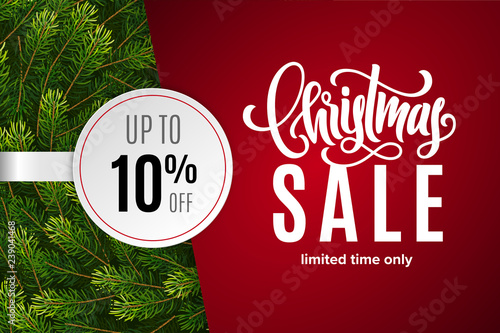 Christmas holiday sale 10 percent off with paper sticker on red background with fir tree branches. Limited time only. Template for a banner, poster, shopping, discount, invitation