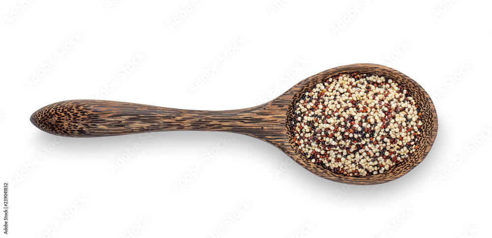Pile of mixed raw quinoa, grain in wood spoon isolated on white background. top view Pile of mixed raw quinoa, grain in wood spoon isolated on white background. top view