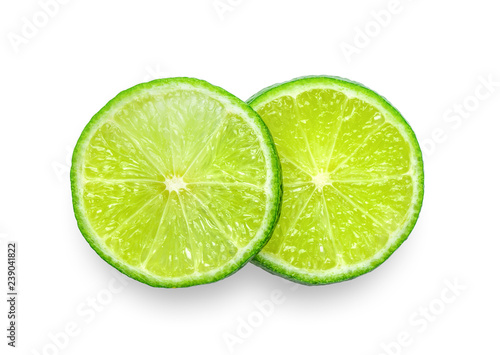 Juicy slice of lime isolated on white background. top view