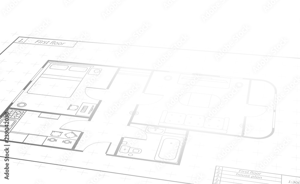 Engineering white scroll with detailed house plan, building blueprint in perspective with text place on white Engineering white scroll with detailed house plan, building blueprint in perspective with text place on white