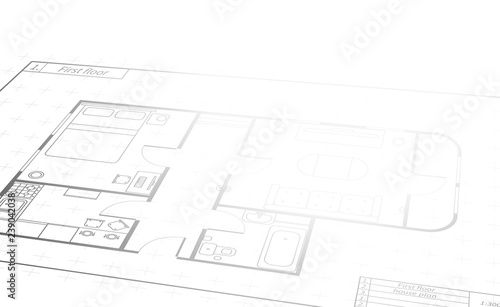 Engineering white scroll with detailed house plan, building blueprint in perspective with text place on white