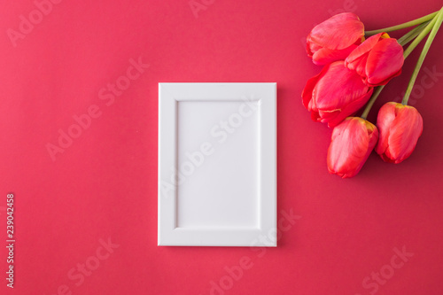 Red tulips and white frame
