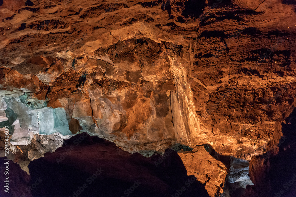 Inside volcanic cave with name Cueva de los Verdes. Lanzarote. Canary Islands. Spain