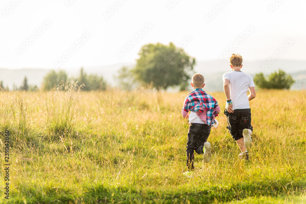 Naklejka premium Boys running in the meadow, having fun