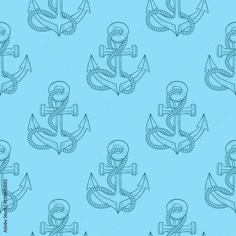 Anchors with rope. Blue sketch as seamless pattern