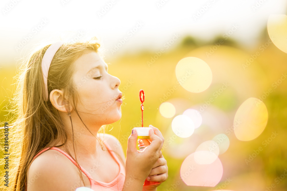 Little girl blowing soap bubbles in a meadow Little girl blowing soap bubbles in a meadow