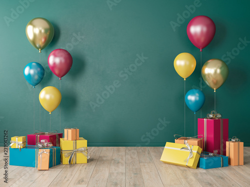 Dark green blank wall, colorful interior with gifts, presents, balloons for party, birthday, events. 3d render illustration, mockup.