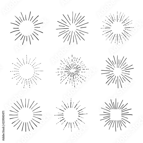 Vector Set of Retro Rays,Shining, Black Outline Drawings, Vintage Sketch Design Elements Collection.