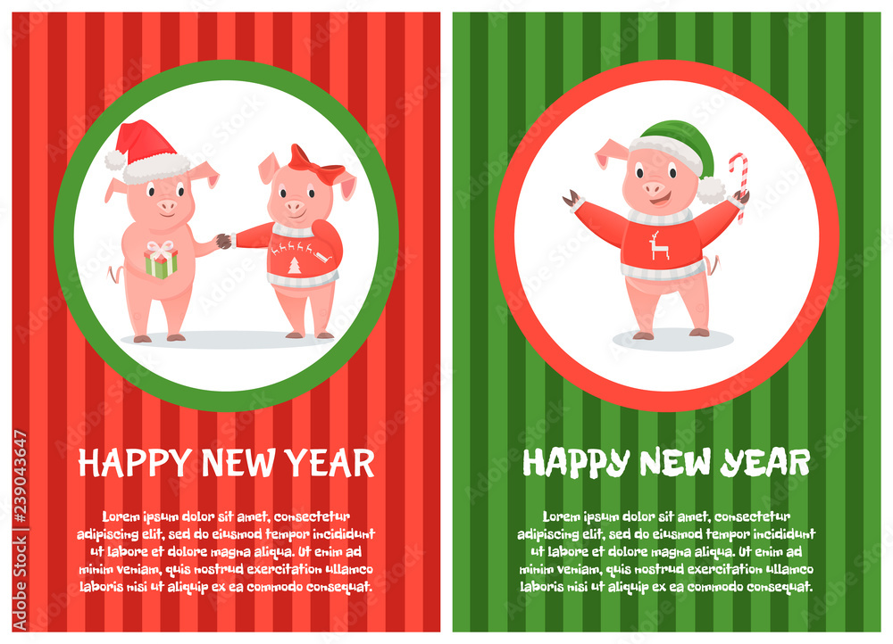 Fototapeta premium Postcard Happy New Year Pink Pigs 2019 Vector