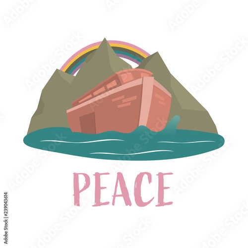 Christian worship and praise. Noah’s ark with rainbow and text: Peace
