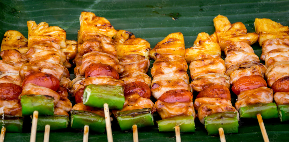 Delicious barbecued or grilled meat on street food in thailand