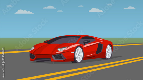 Red sports car on the road. Modern and fast vehicle racing under the blue sky. Super design concept of luxury automobile. Vector illustration