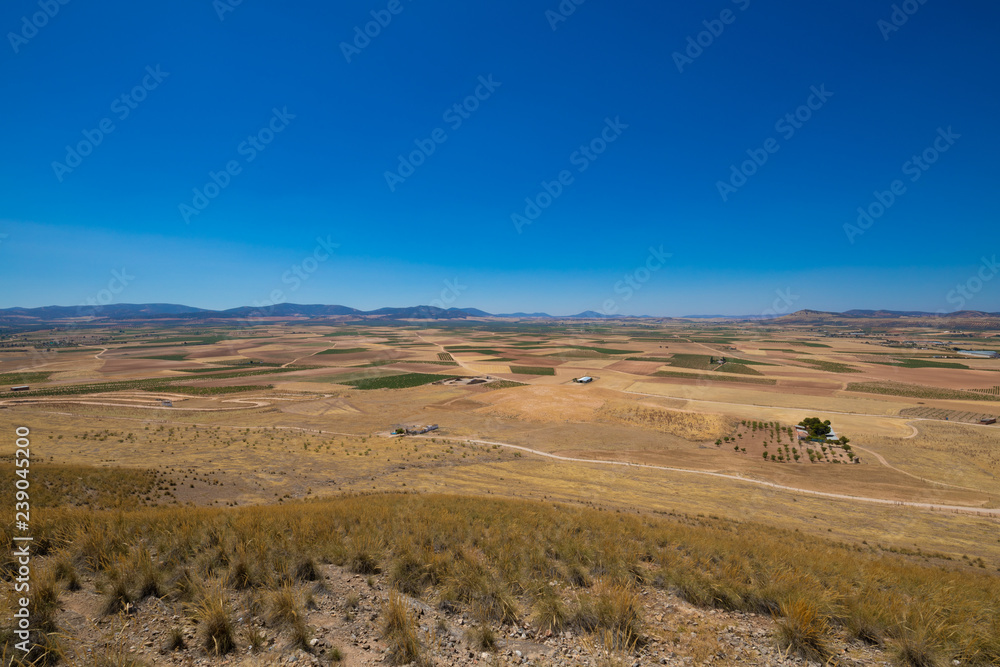 landscape of fields and horizon on summertime with blue sky near Consuegra town (Toledo, Castilla La Mancha, Spain)