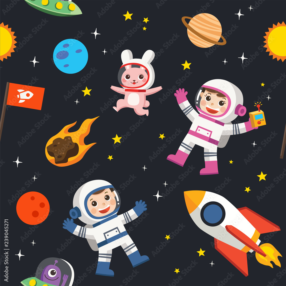 Pattern of space. Space elements. Planet earth, sun and galaxy, spaceship and star, moon and small kids astronaut, pattern illustration. Pattern of space. Space elements. Planet earth, sun and galaxy, spaceship and star, moon and small kids astronaut, pattern illustration.