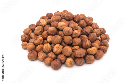Hazelnut nuts on white background. peeled filbert