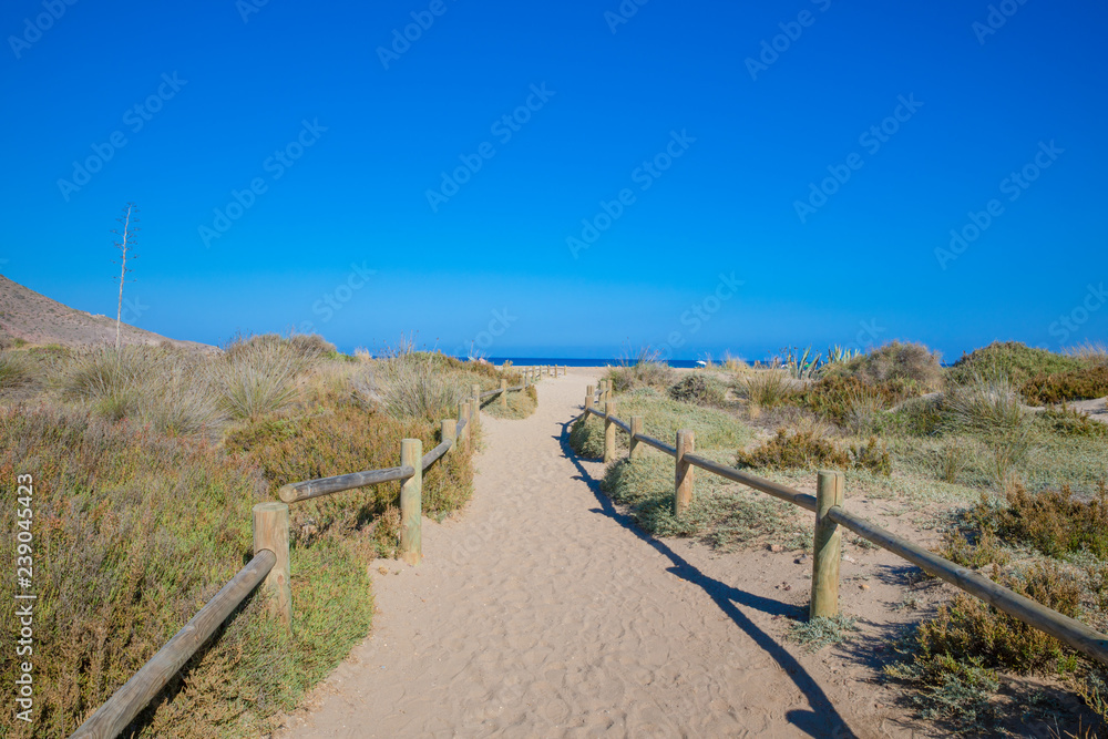 sand path with wooden banisters in nature to Genoveses Beach, wild and beautiful famous destination, in Almeria (Andalusia, Spain, Europe). Mediterranean sea in the horizon