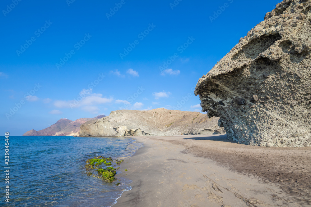 seaside of Monsul Beach, in Gata Cape Natural Park (Cabo de Gata in Spanish), wild and beautiful famous destination, in Almeria (Nijar, Andalusia, Spain, Europe)