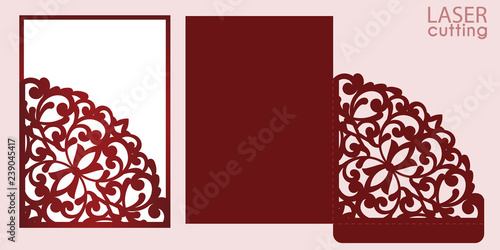 Die laser cut wedding invitation card template vector. Wedding pocket envelope or greeting card with abstract ornament. Open card. Suitable for greeting cards, invitations, menus.