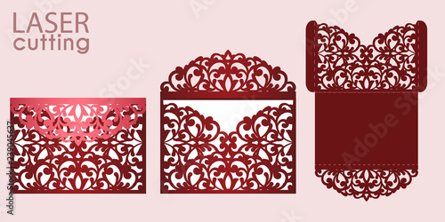 Die laser cut wedding invitation card template vector. Wedding pocket envelope or greeting card with abstract ornament. Open card. Suitable for greeting cards, invitations, menus.