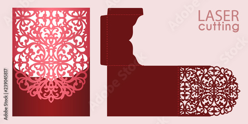 Die laser cut wedding invitation card template vector. Wedding pocket envelope or greeting card with abstract ornament. Open card. Suitable for greeting cards, invitations, menus.
