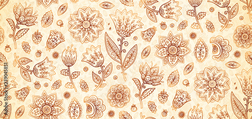 Indian henna colors boho vintage flowers vector seamless pattern tile