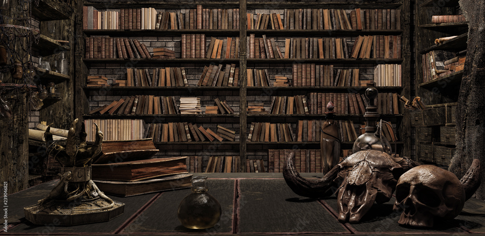 Naklejka premium pokój czarodzieja z biblioteką, starymi książkami, eliksirem i przerażającymi rzeczami 3d render 3d illustration