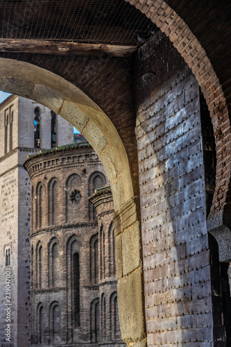 The old city walls of Toledo, Castile-La Mancha, Spain. around the New Bisagra Gate (Puerta Nueva Bisagra), the best known city gate of Moorish origin, rebuilt in 1559